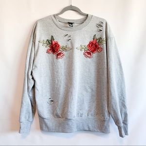 Rue 21 Rose Embroidered Distressed Sweatshirt